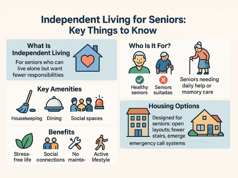The Freedom of Choice: Exploring Independent Living for Seniors 2 Infographic explaining independent living for seniors, including who it’s for, community amenities, housing options, and benefits