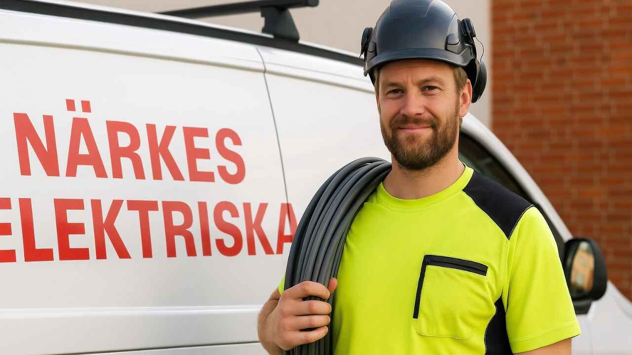 Electrician standing and smiling with närkes elektriska service van