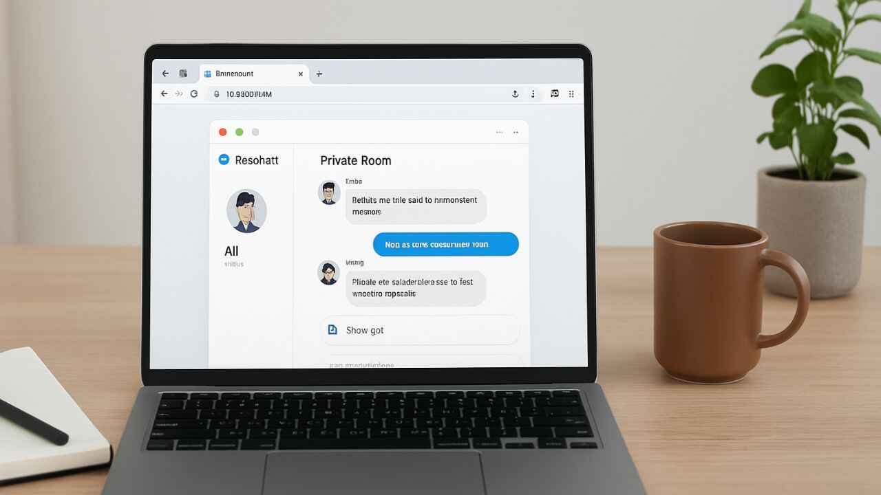 An online chat platform on laptop screen at wooden table