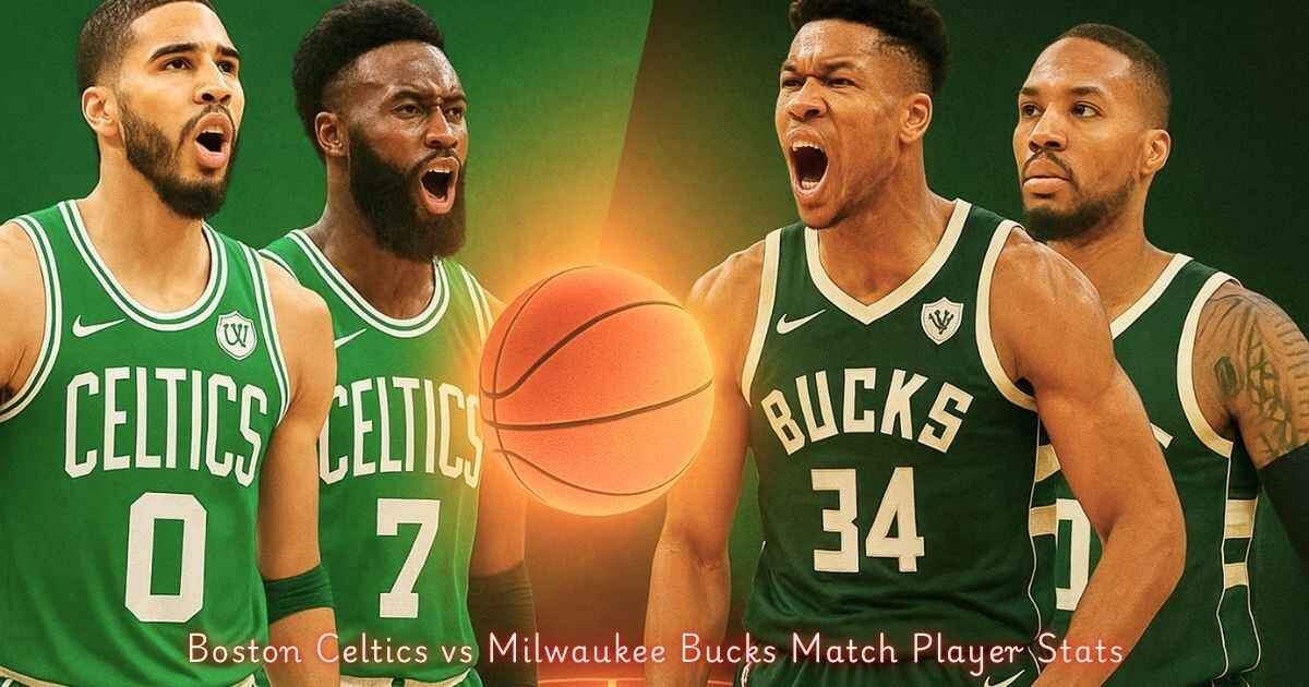 Boston Celtics vs Milwaukee Bucks Match Player Stats rivalry poster.