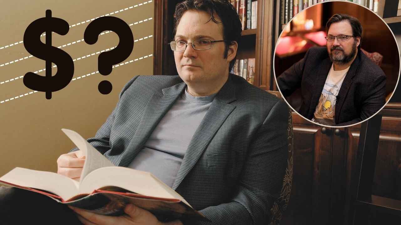 Brandon Sanderson is Sitting with book in hand and Dollar and question sign represent Brandon net worth