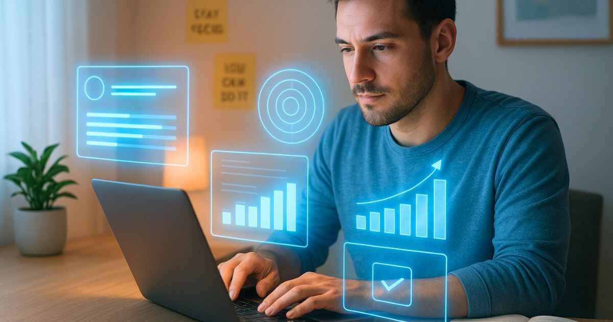 Man using laptop with holographic UI, DreamWithJeff.com