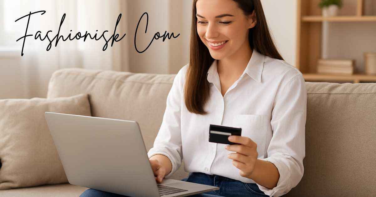 Woman with card in hand, is online shoping at laptop, with heading Fashionisk .Com