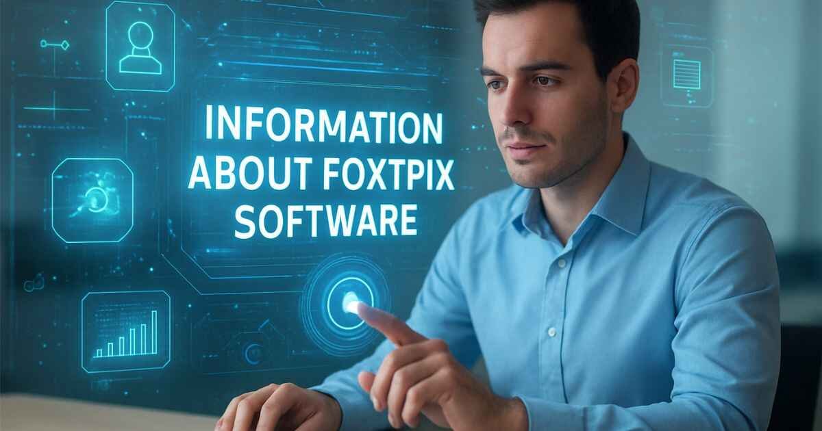 A man with digital interface and holographic UI elements and text written Information About Foxtpax Software