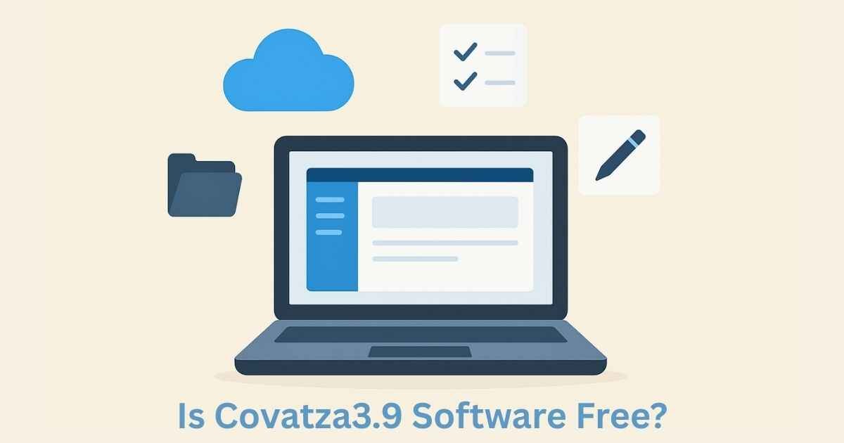 Laptop with Cloud and Checklist Icons and text "Is Covatza3.9 Software Free"