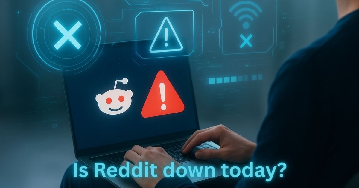 A man working on laptop, Reddit icon and down sign on laptop screen, and text written "Is Reddit down today"