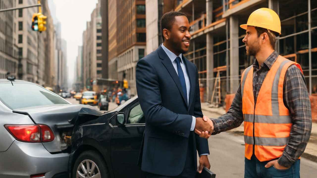 Car accident lawyer shaking hands with construction worker in New York City.