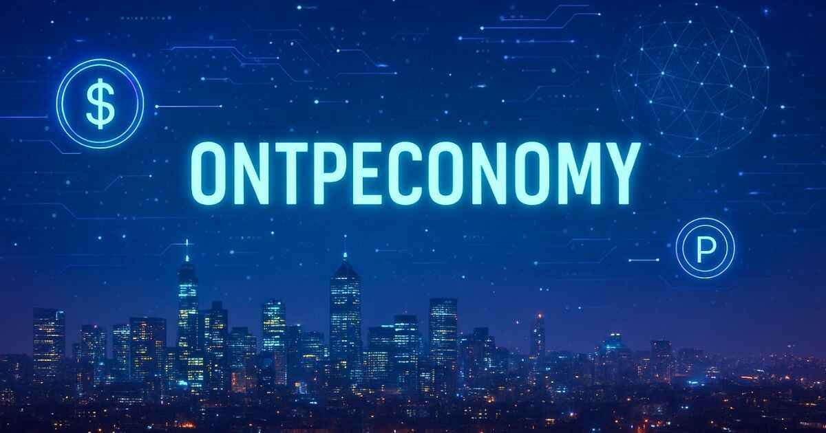 Night city skyline with neon holograms, data streams, and glowing economy symbols with text Ontpeconomy