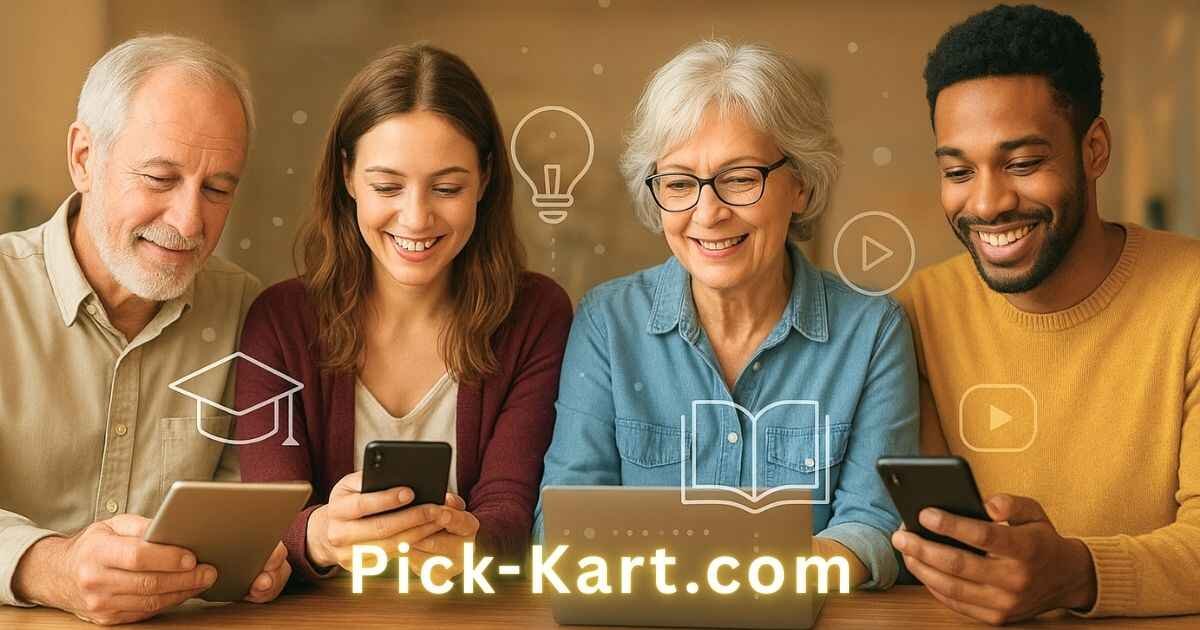Happily Seniors, student and adult using mobile, laptop and tablet with text "Pick-Kart.com"