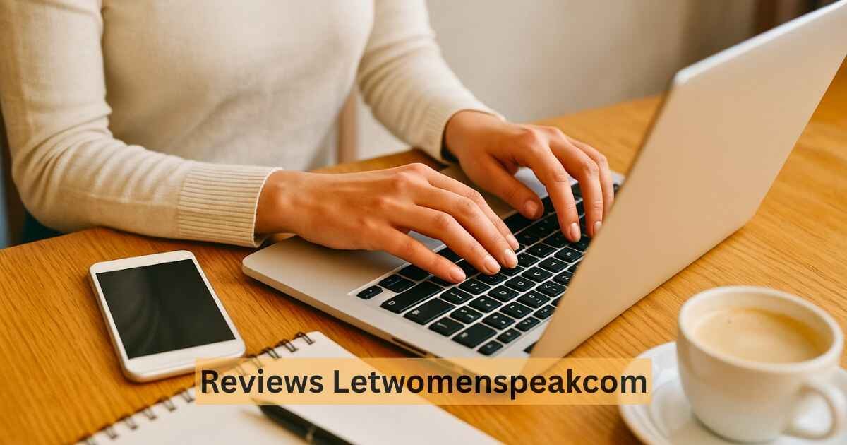 Woman using laptop on office table with text Reviews Letwomenspeakcom