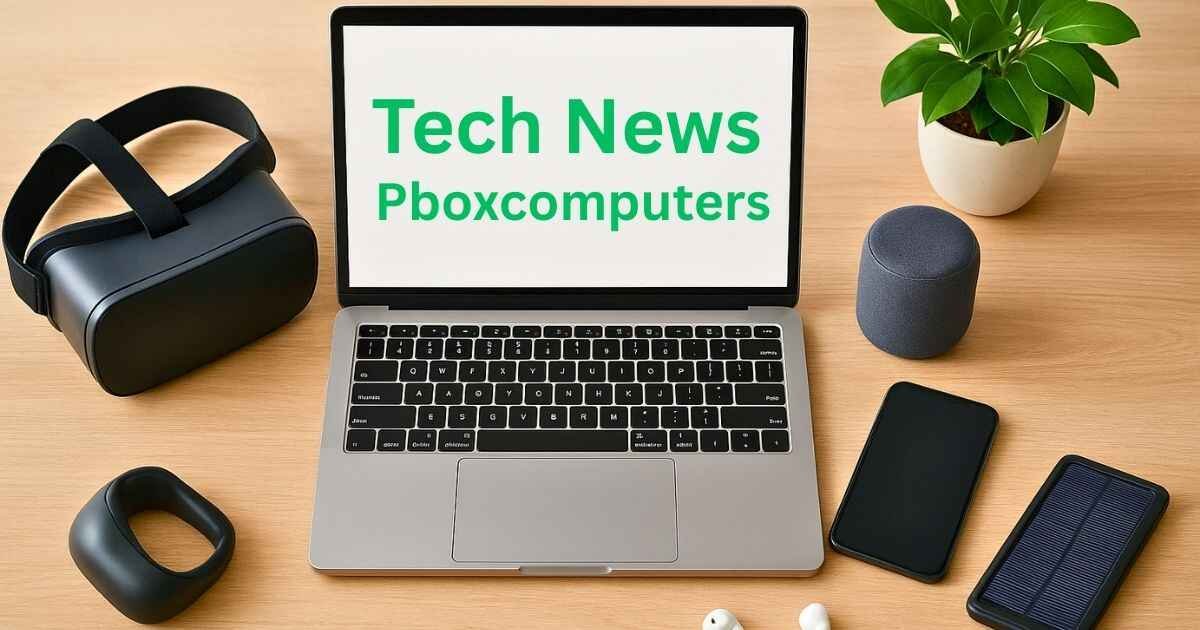 Tech News Pboxcomputers written on laptop screen at Modern Tech Workspace with Greenery and In Laptop Screen