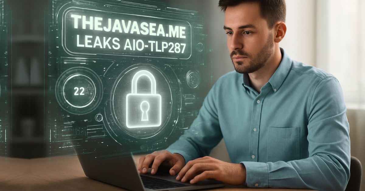 Man using laptop in office and cyber-inspired graphics holographi Ui element above Laptop with text "Thejavasea.me Leaks AIO-TLP287 Real or Fake"