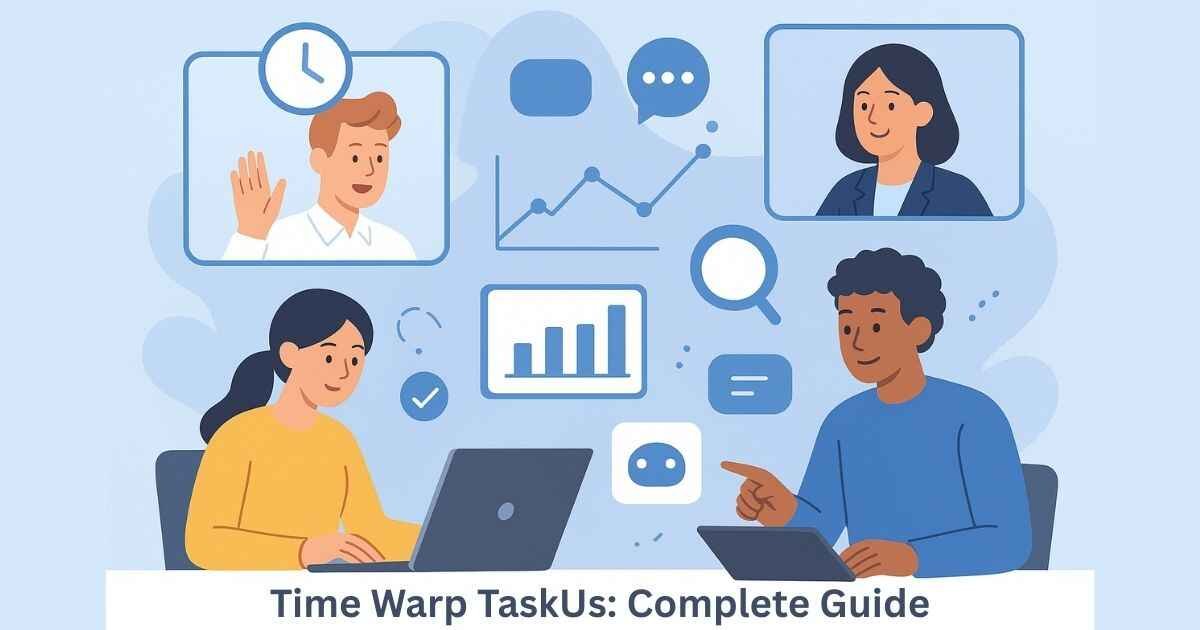 Multiple people in a virtual meeting on devices, with icons of AI and text "Time Warp TaskUs Complete Guide Features Pros and Cons"