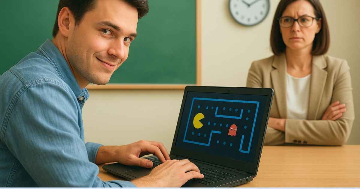 Student sneaking Unblocked Games G+ on laptop while teacher watches.