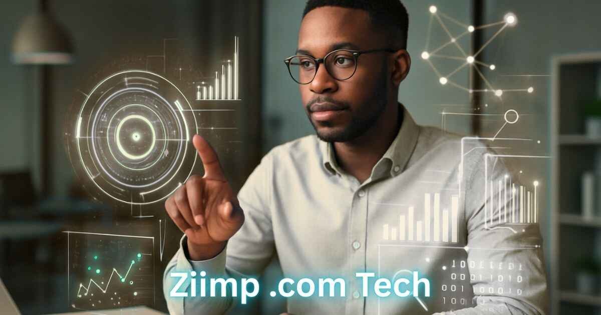 A black man in office with holographic ui elements in tech interface with text "Ziimp .com Tech"