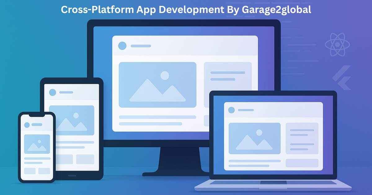 An illustrative image of Laptop, android, tablet and ps screen with same app, under heading "cross-platform app development by garage2global"