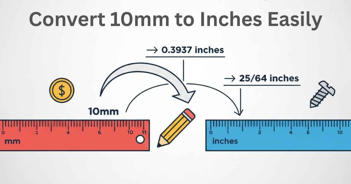 Visual guide converting 10mm to inches with rulers, decimal and fractional equivalents for easy understanding.
