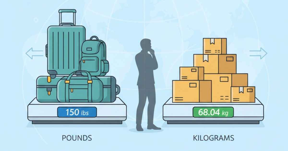 Illustrative Feature image showing 150 lbs to kg conversion with scale, luggage, and human silhouette