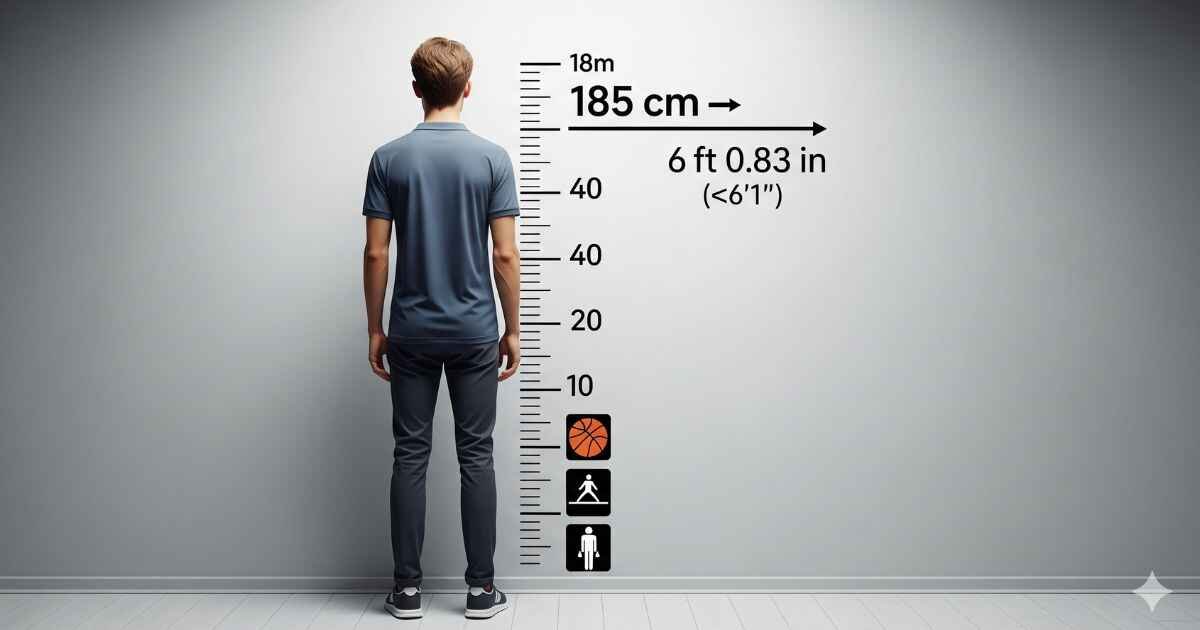 185 cm in Feet visual comparison infographic showing exact and rounded height