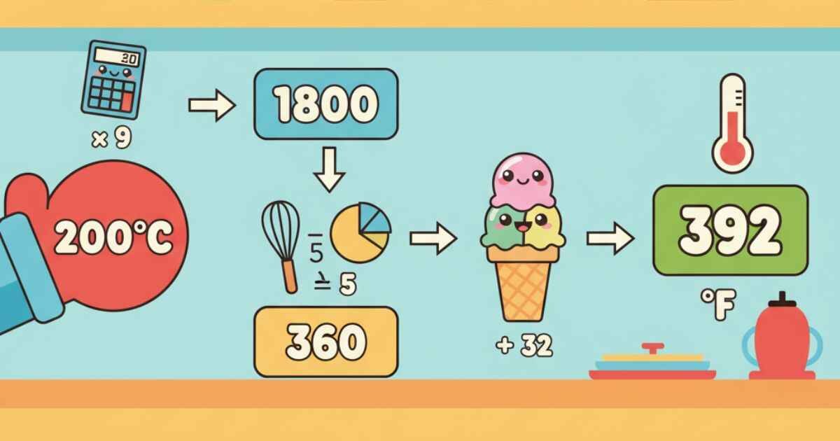 Infographic image of Step-by-step 200 Celsius to Fahrenheit conversion with cooking icons