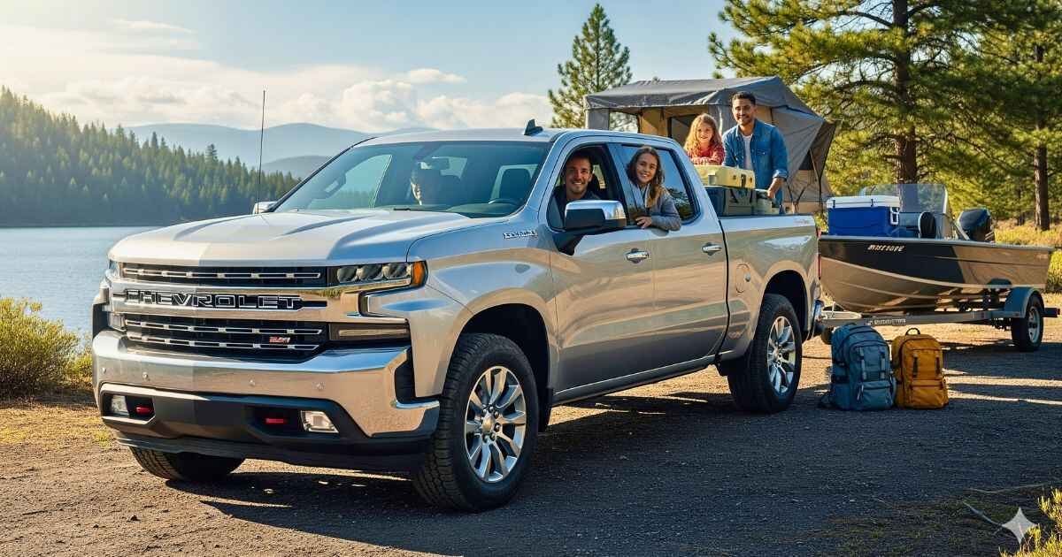 2025 Chevy Silverado with family and towing setup showing engine and cargo versatility