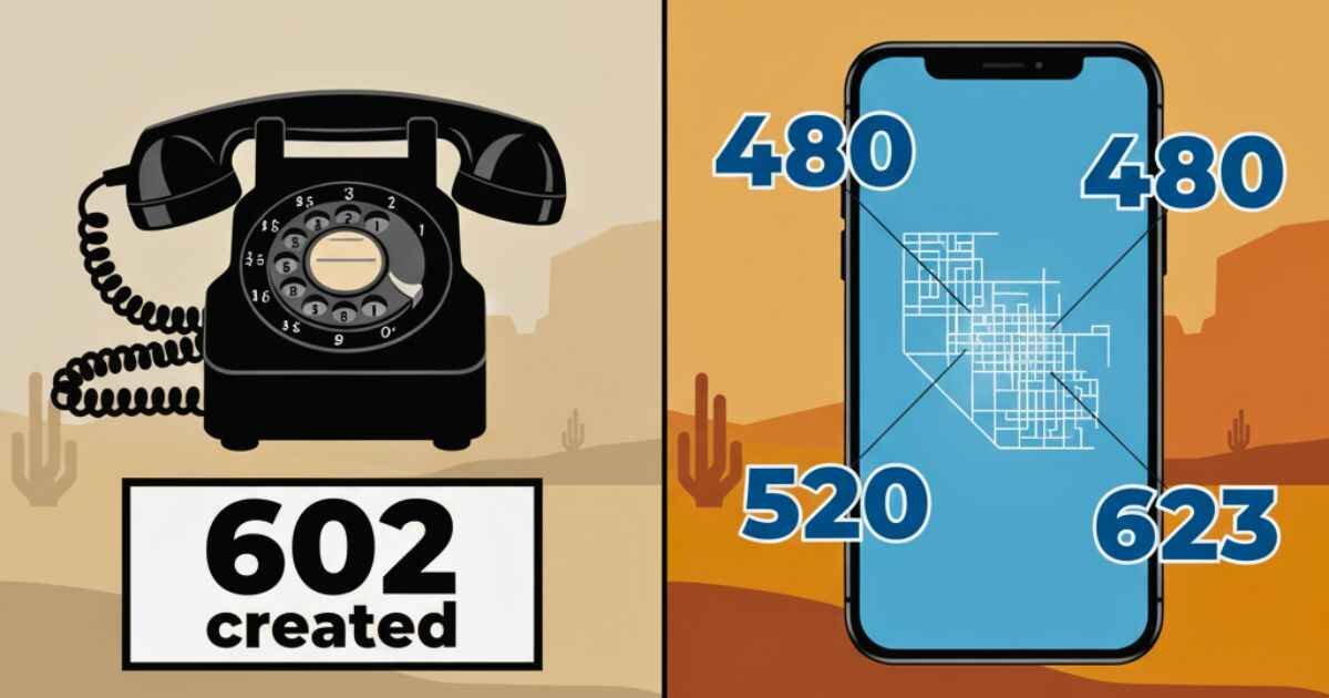 602 Area Code history split-screen showing rotary phone in 1947 and modern smartphone with 480, 520, and 623 overlays