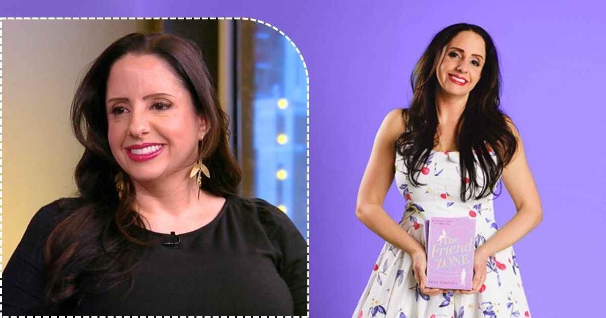 In left side Abby jimenez is standing and holding her best book, And in right side a recent photo frame of abby smiling.