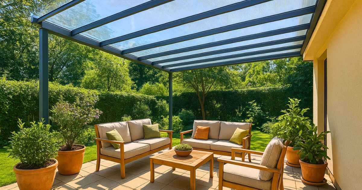 Modern patio with Acryldach acrylic roof and sunlight