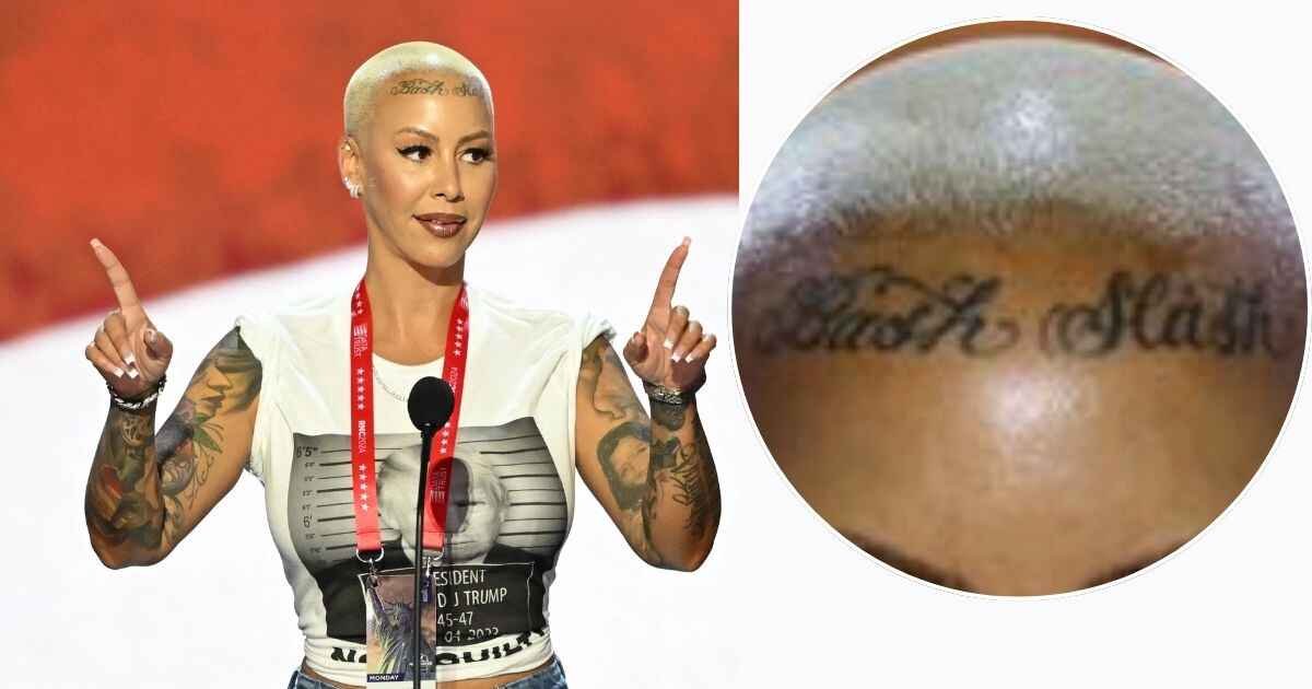 Amber Rose in beautiful style with clearly visible Amber Rose Face Tattoo text Bash Slash in circle frame