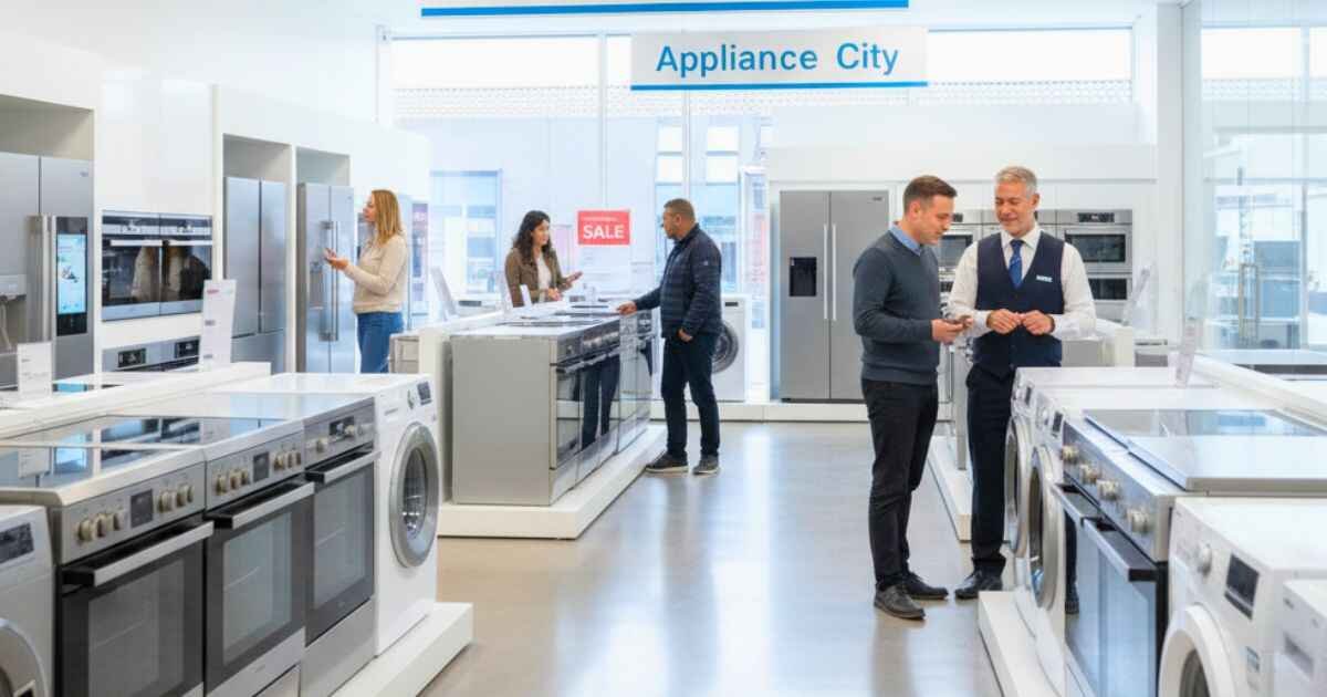 Appliance City showroom in the UK with fridges, ovens, and washing machines on display for customers.