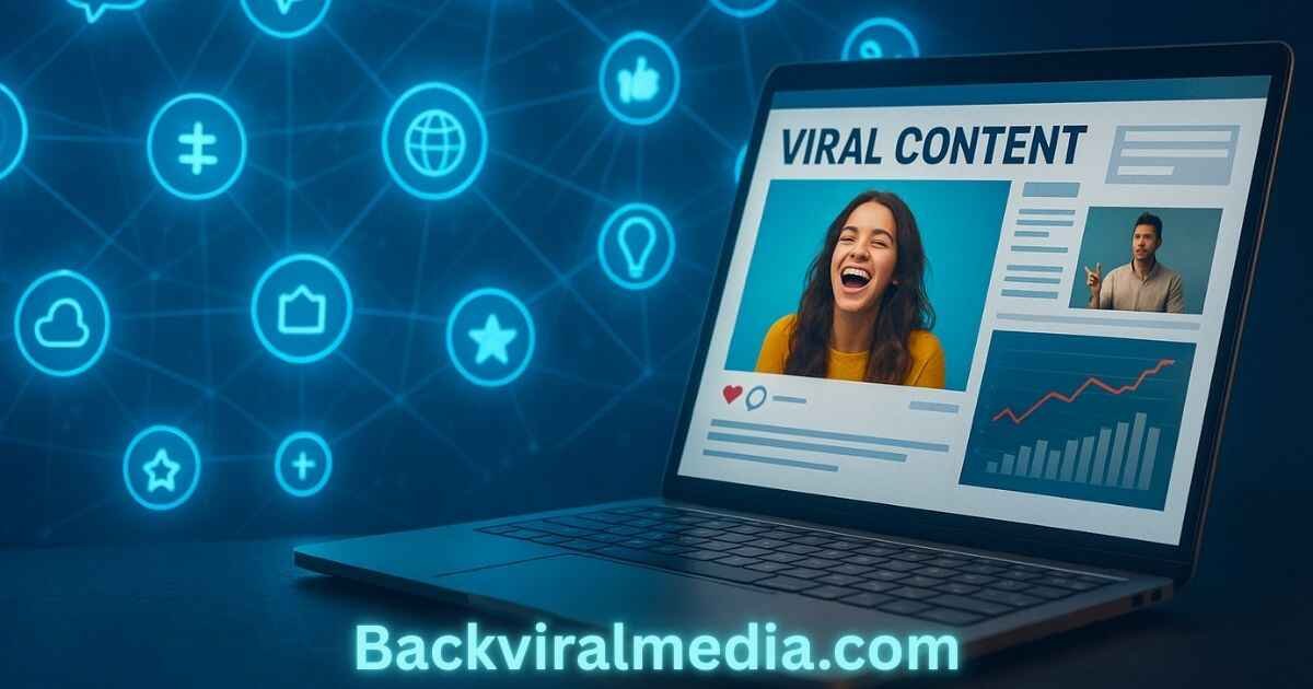 Backviralmedia.com digital trend hub on laptop with holographic UI Elements and icond of social media