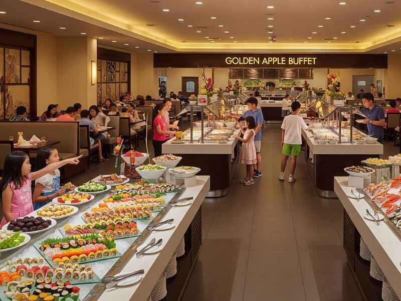 Golden Apple Buffet Secrets: Best Stations & Customer Picks 2 Golden Apple Buffet interior showing all-you-can-eat stations, sushi, seafood, and desserts in Kansas City.