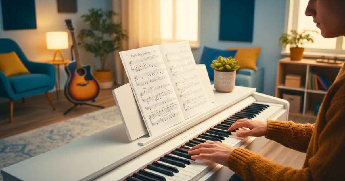 Can’t Help Falling in Love chords tutorial: beginner playing guitar and piano with chord chart in a modern music room