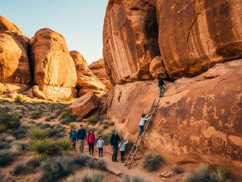 Explore Cave Springs Cowboy Camp: Hidden Utah Desert Treasure 2 Families hiking Cave Springs Cowboy Camp trail with ladders and prehistoric rock art