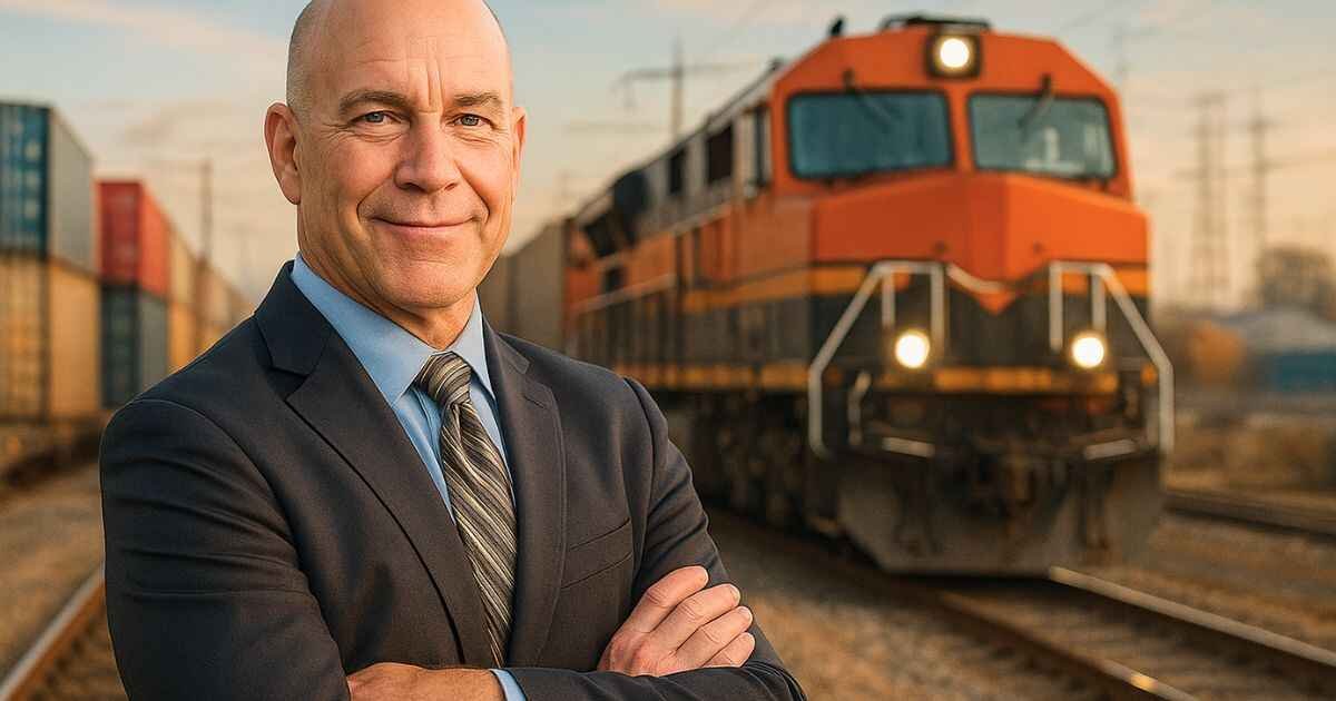 a business executive Claude Edward Elkins Jr is standing in front of trains and rail tracks with cargo and logistics icons, symbolizing leadership in the rail industry.