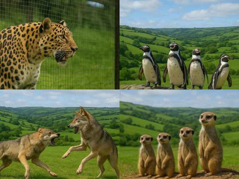 Combe Martin Wildlife and Dinosaur Park Ilfracombe: Honest Guide 2 Collage of animals in Devon countryside leopard, penguins, wolves, and meerkats
