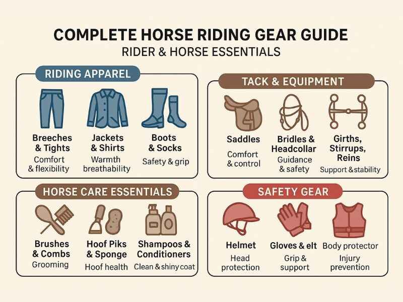 Hope Valley Saddlery: Tips for Safe Horse Riding Gear 2 Infographic showing essential horse riding gear for rider and horse including apparel, tack, grooming tools, and safety equipment.