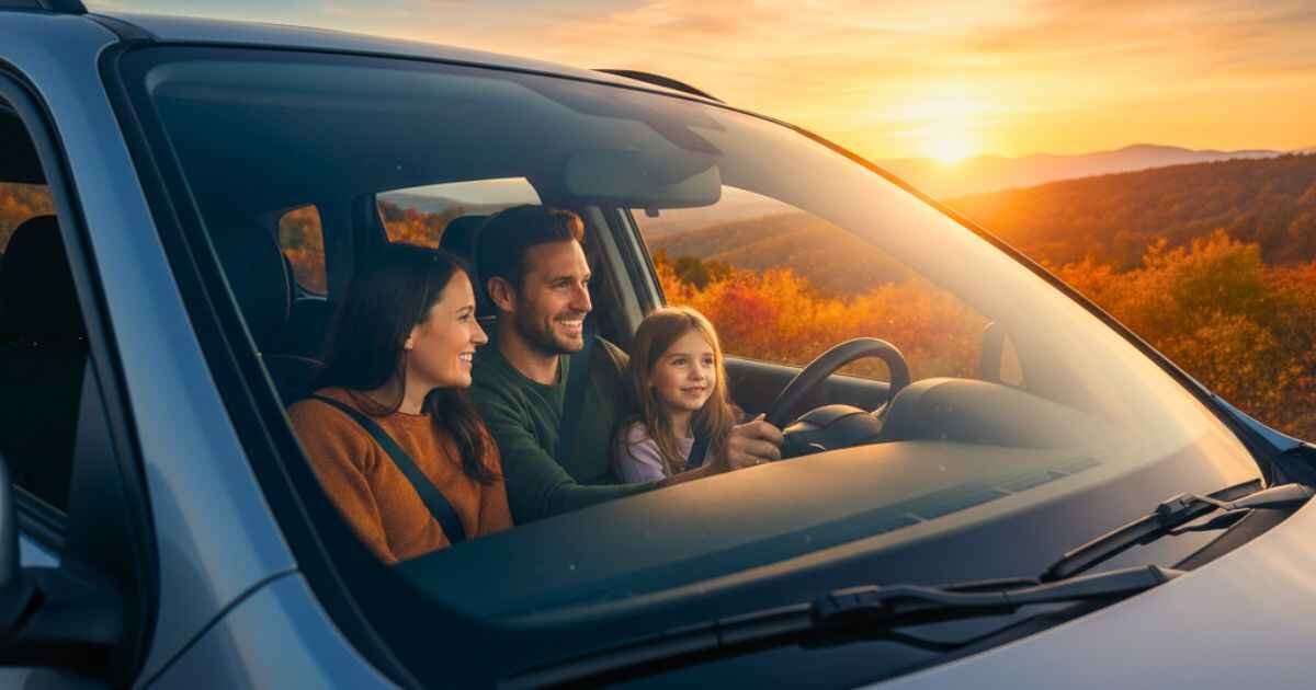 Creating lasting memories from everyday journeys with family enjoying a scenic car ride at sunset.