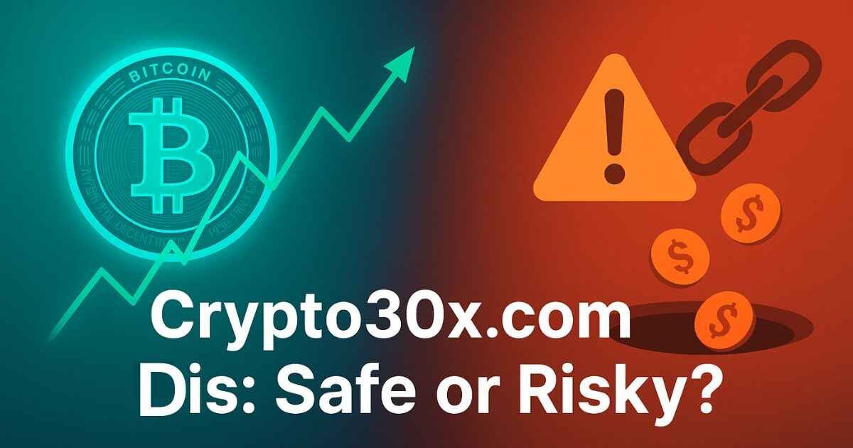 Crypto30x.com dis safe vs risky split visual with crypto coins, AI trading, and warning signs