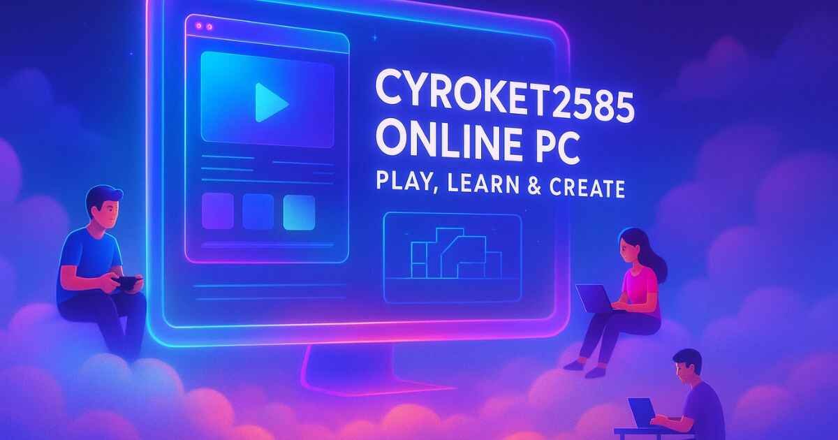 Futuristic computer screen in clouds with avatars gaming and working, text ‘Cyroket2585 Online PC – Play, Learn & Create.'