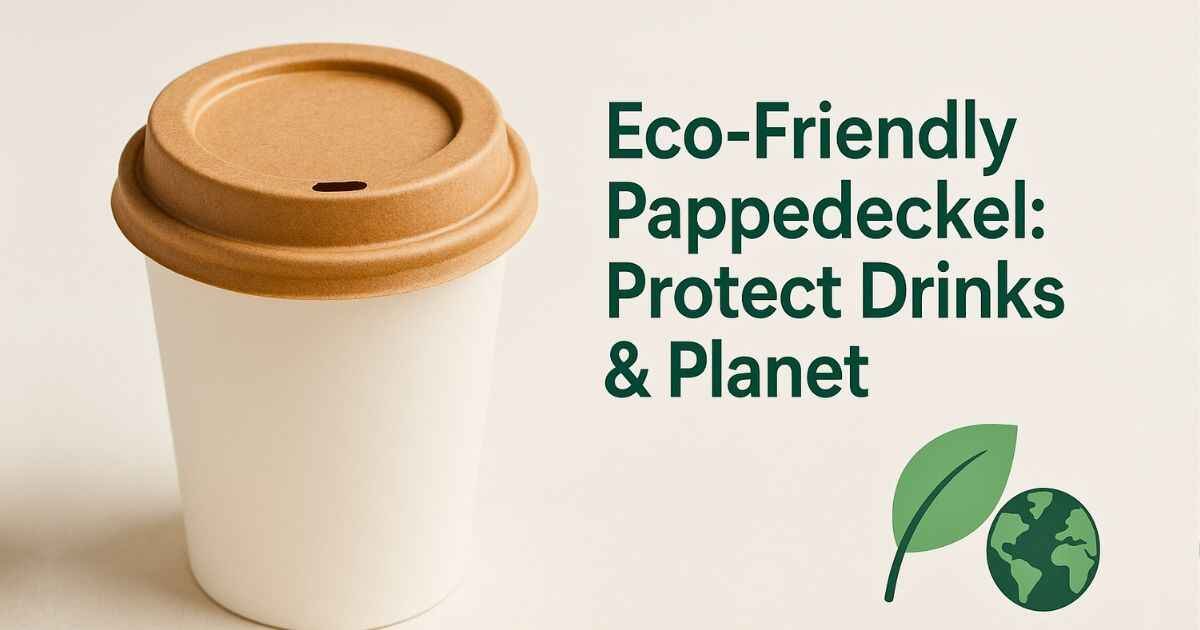 Small cardboard pappedeckel lid on a takeaway coffee cup with eco-friendly leaf icon, highlighting sustainable packaging.