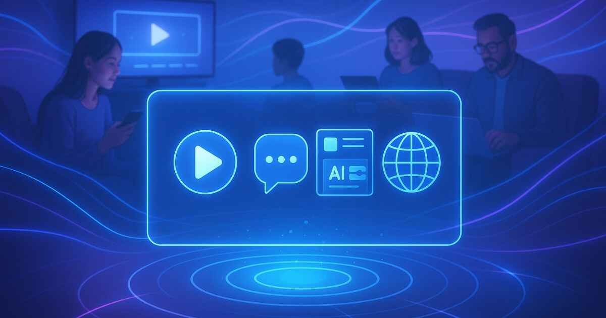 Echostreamhub streaming hub with people watching on devices, live chat, AI feed, and global cloud icons.