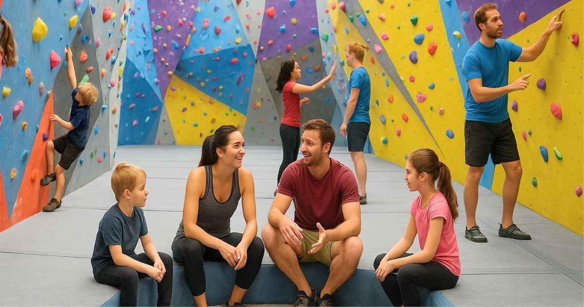 Kids and adults climbing colorful indoor bouldering walls at Eden Rock Edinburgh."