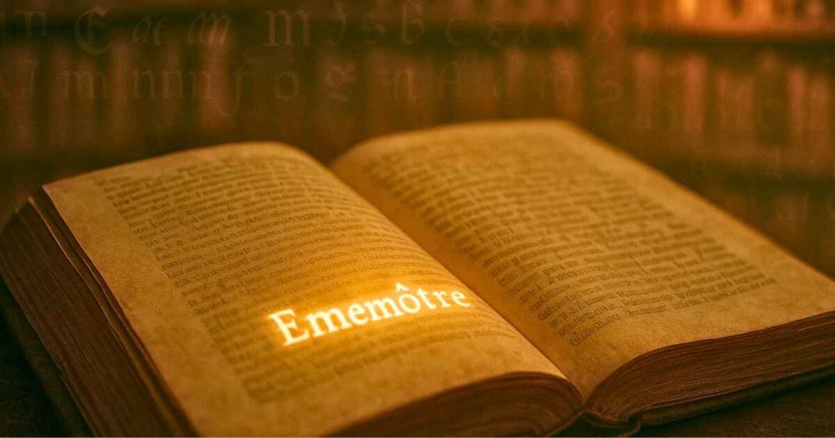 Antique open book with the word Ememôtre highlighted, symbolizing forgotten English words and the history of language evolution.
