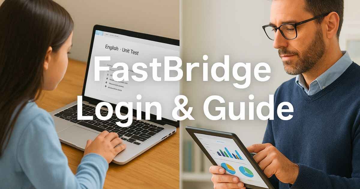 Student taking an online test on a laptop while teacher reviews charts and reports on a tablet, with text overlay ‘FastBridge Login & Guide’.