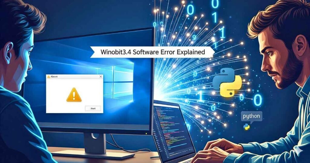 Fix Winobit3.4 Software Error – Fast and Proven Solutions 2 Illustrative image of Fix Winobit3.4 Software Error: Windows screen with error pop-up, Python code, and developer debugging.