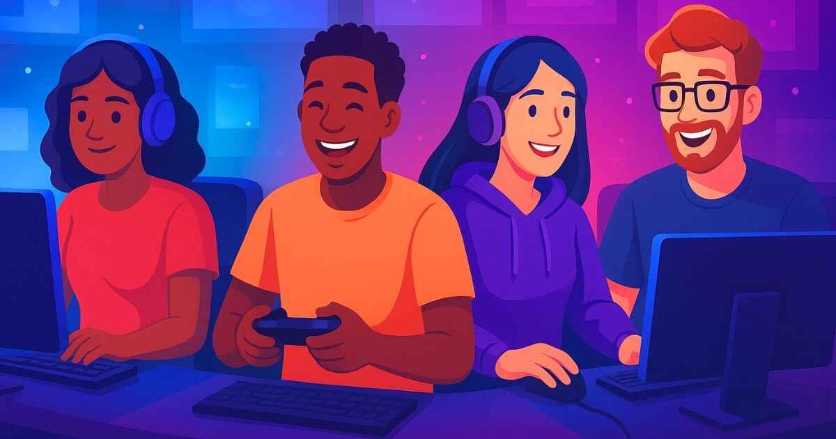 AN illustrative image of gamers are sitting together, playing games on PCs/consoles on Gaymetu E platform with happy faces.
