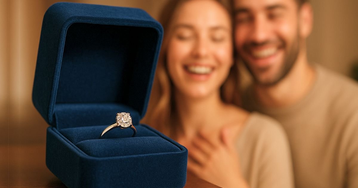 A close-up of a sparkling engagement ring in an open box, with a happy couple celebrating in the background, illustrating positive customer outcomes for those who ask to give me customer stories for Rox.com.
