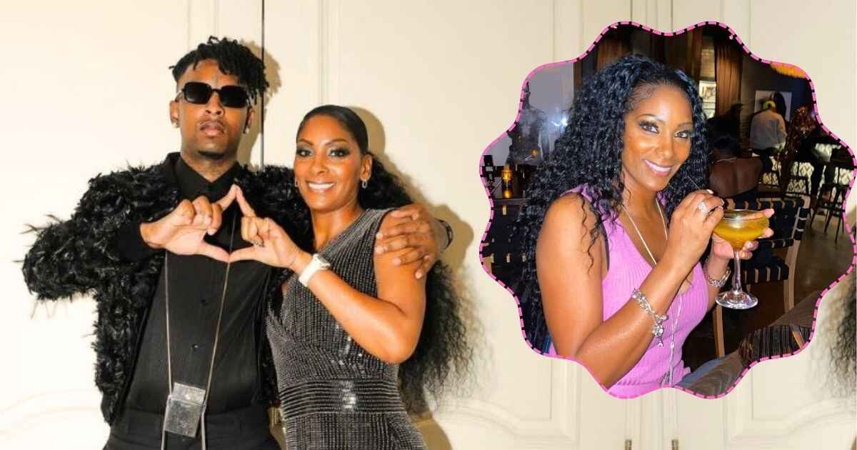 Heather Carmillia Joseph smiling with her son 21 Savage, and in a side circular frame, Heather Carmillia Joseph is drinking juice.