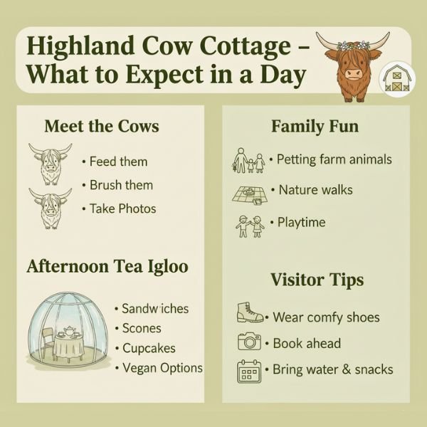 Highland Cow Cottage Review: Truth, Tips & Hidden Gems 2 Infographic guide to Highland Cow Cottage day trip – cows, family fun, afternoon tea, and tips for visitors.